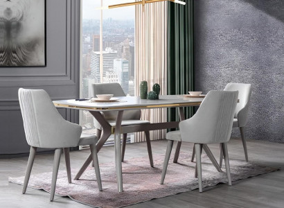 Modern dining table with 6 chairs, designer luxury dining room furniture, wooden dining set.