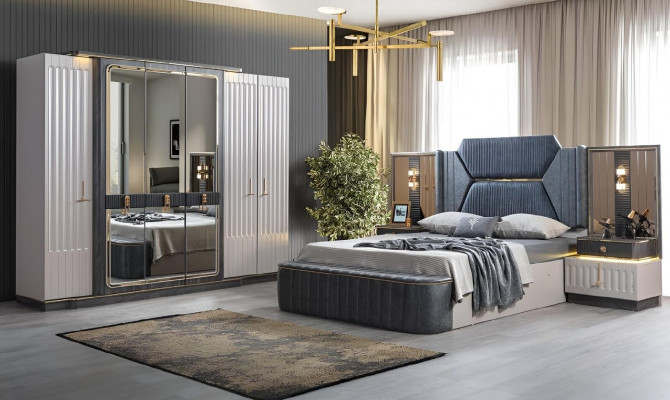 Bedroom set: bed, 2x nightstands, wardrobe, 4-piece design wardrobe