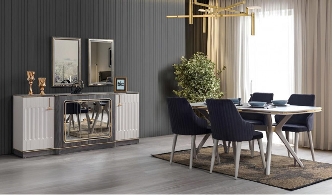 Luxury Dining Room Set Dining Table + 6x Chairs + Sideboard with 2x Mirrors New Set