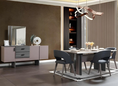 Modern dining room set, dining table, 6x chairs, sideboard with mirror, 8 pieces.