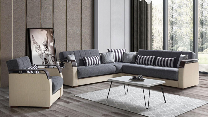 L-shaped sectional sofa + gray armchair complete living room set 2-piece luxury furniture