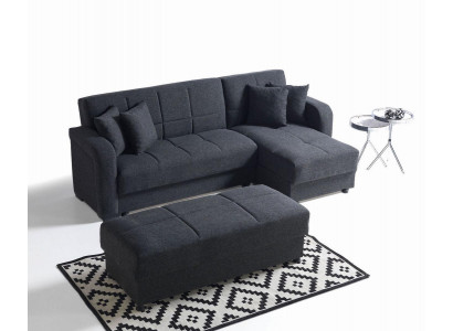L-shaped sectional sofa with ottoman in black, complete living room set, 2-piece luxury furniture.