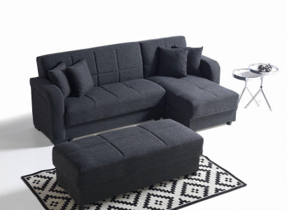 L-shaped sectional sofa with ottoman in black, complete living room set, 2-piece luxury furniture.