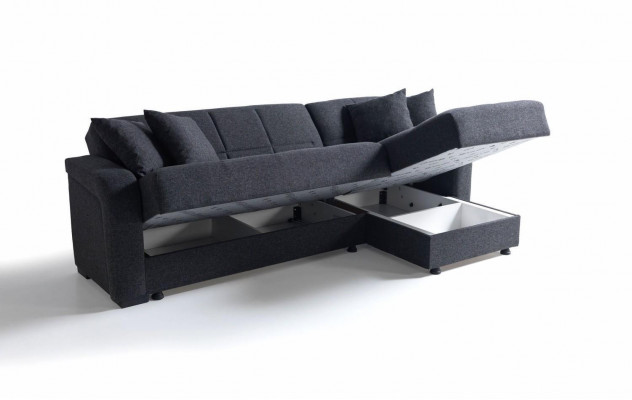 L-shaped sectional sofa with ottoman in black, complete living room set, 2-piece luxury furniture.