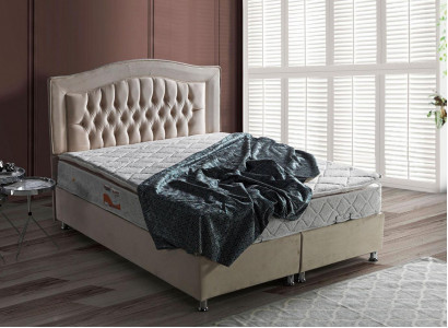 Bed design, luxury beds, beige upholstery, bedroom furniture, silver Chesterfield