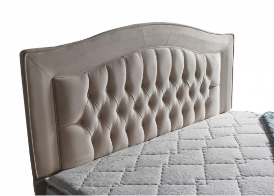 Bed design, luxury beds, beige upholstery, bedroom furniture, silver Chesterfield