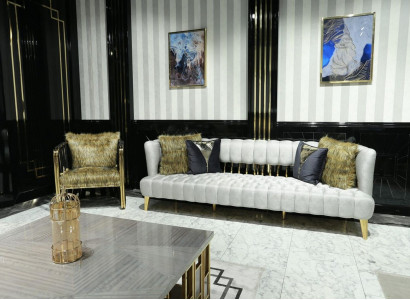 Luxury white sofa, 3-seater with armchair, modern design furniture, three-seater