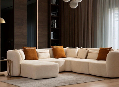 Living room beige modern sofa L-shape seating corner sofa upholstered furniture