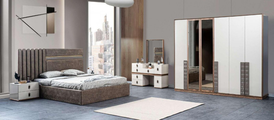 Bed, 2x Nightstands, Dressing Table with Mirror, 5-piece Set, Italian Style