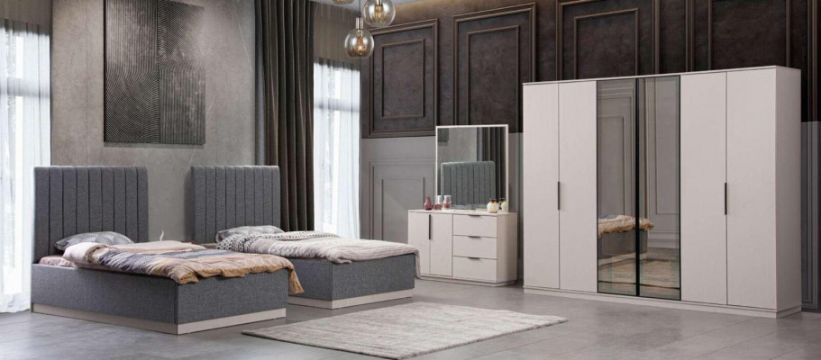 Bedroom modern 2x luxury beds bedside table wardrobe 5-piece set.