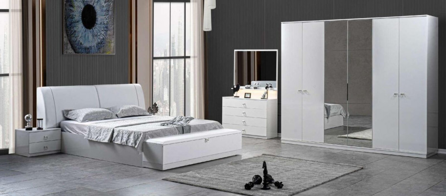 Bed 2x Nightstands Bedroom White 5 pcs. Designer Luxury Furniture Wood