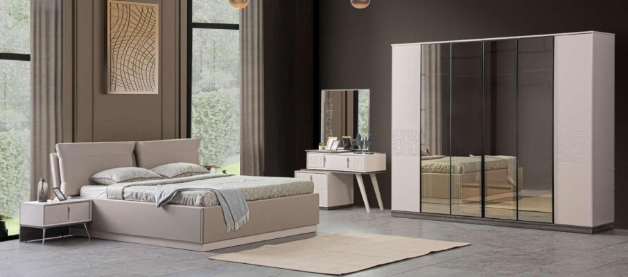 Bedroom luxury beds 2x nightstands 5-piece wardrobe wood beige