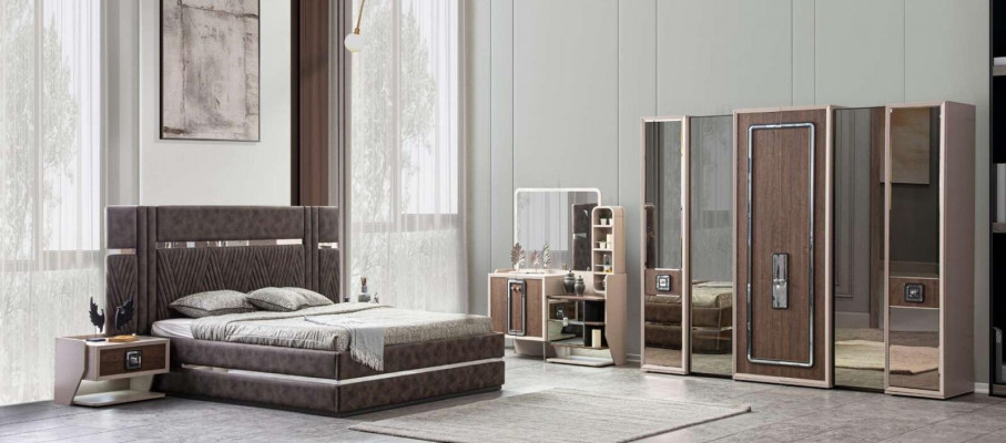 Bed, 2x nightstands, 5-piece bedroom set, modern design, luxury furniture, new