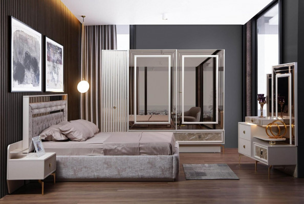 Modern complete bedroom set designer bed 2x bedside tables 5-piece set