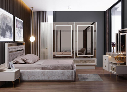 Modern complete bedroom set designer bed 2x bedside tables 5-piece set