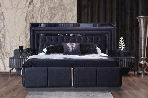 Complete black bedroom set luxury double bed nightstands 4-piece set