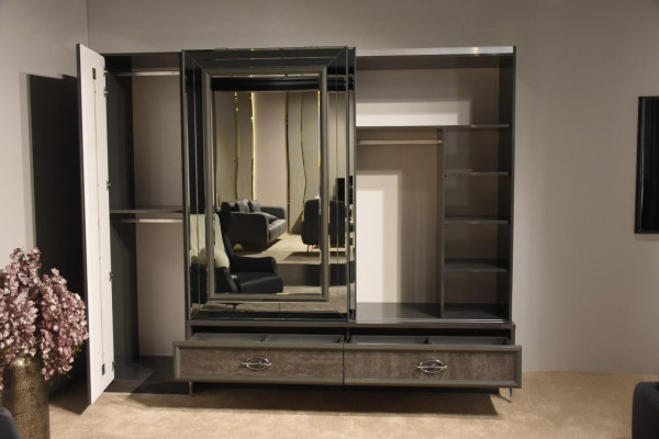 Designer wooden wardrobe with mirrored doors and drawers bedroom