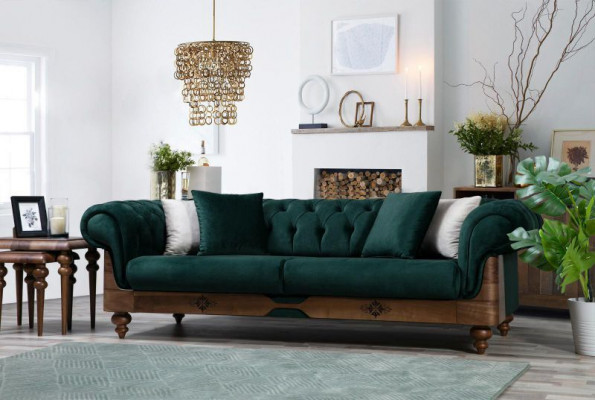 Green Chesterfield three-seater couch, living room sofas, seating furniture, couch.