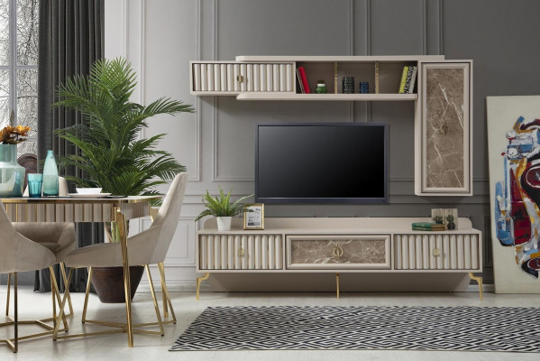 Designer modern living room wall luxury wood shelves living room furniture stylish