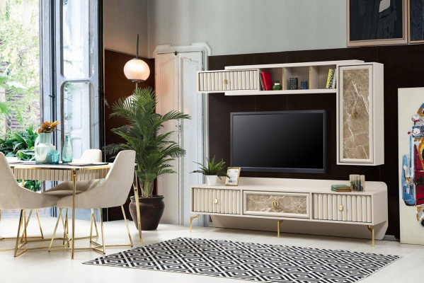 Designer modern living room wall luxury wood shelves living room furniture stylish