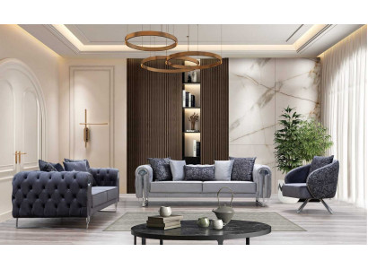 Modern comfortable living room furniture: two three-seater sofas and one armchair.