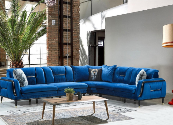 Blue L-shaped upholstered sofa designer corner couch textile cover living room furniture