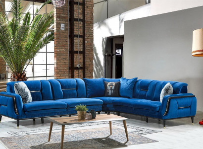Blue L-shaped upholstered sofa designer corner couch textile cover living room furniture
