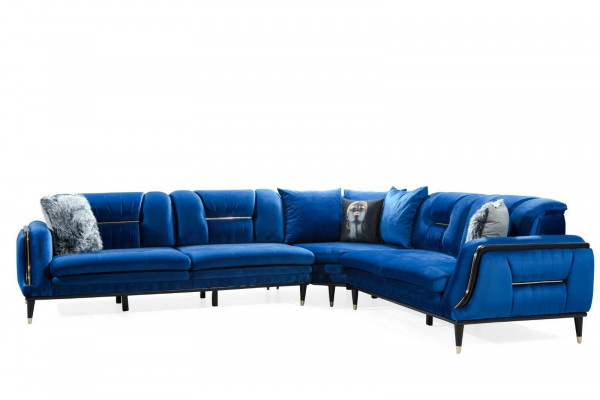 Blue L-shaped upholstered sofa designer corner couch textile cover living room furniture