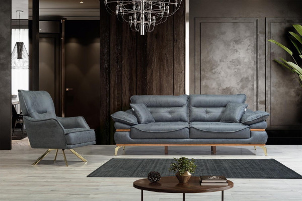 Modern designer gray living room with 3-seater sofa and new armchair