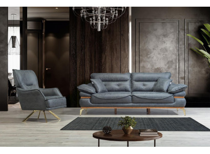 Modern designer gray living room with 3-seater sofa and new armchair