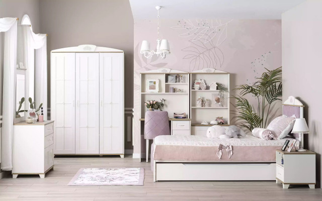 Complete youth bed children's furniture children's room bed wood pink set 8 pcs