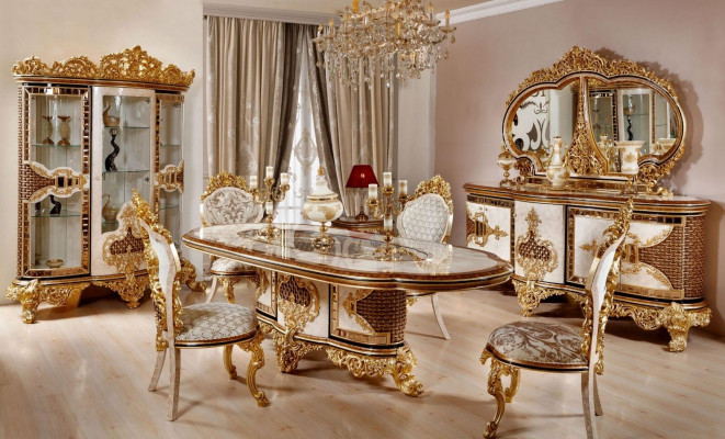 Luxurious dining room set white-gold dining table 4x chairs sideboard 6-piece furniture