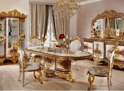 Luxurious dining room set white-gold dining table 4x chairs sideboard 6-piece furniture