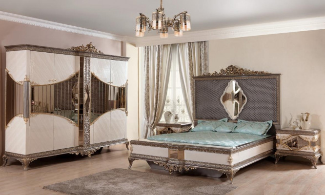 White and gold bedroom set with double bed, 2 nightstands, wardrobe set, bed