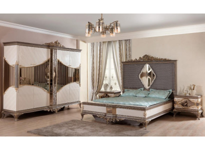 White and gold bedroom set with double bed, 2 nightstands, wardrobe set, bed