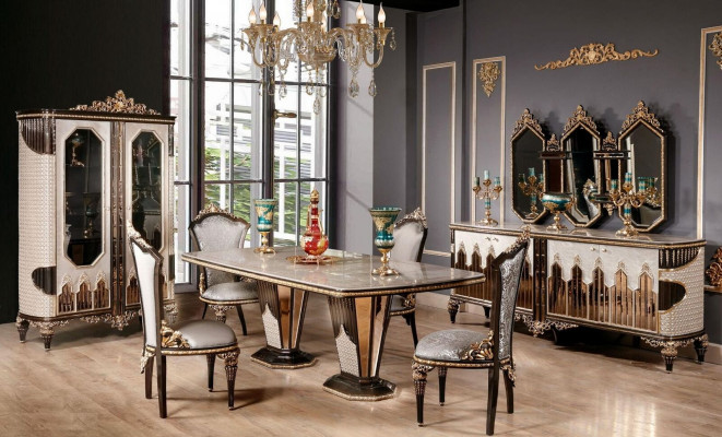 Classic White and Gold Dining Room Set Dining Table 6x Chairs Sideboard