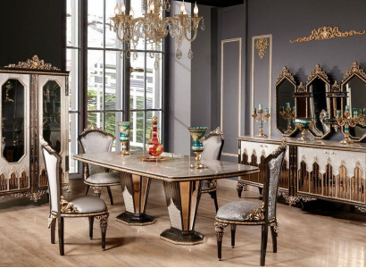 Classic White and Gold Dining Room Set Dining Table 6x Chairs Sideboard