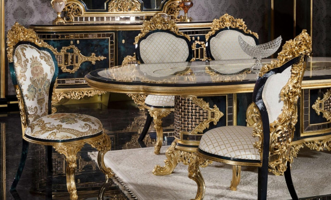 Stylish Black-Gold Dining Room Set Luxury Suite Sideboard Dining Table