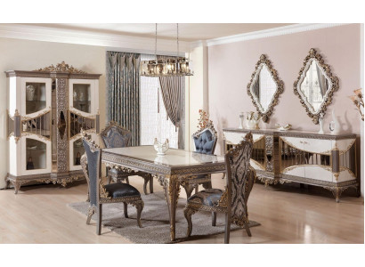 White-Taupe Dining Room Set Dining Table Dining Chairs Sideboard Mirror