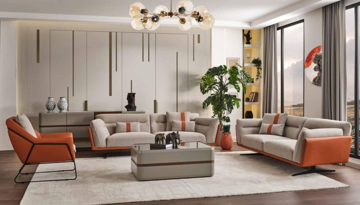Couch set Sofa set Complete upholstered sofa Orange fabric sofa