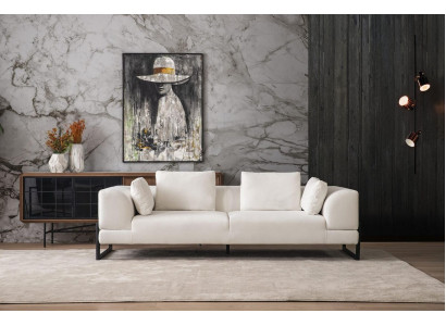 Three-seater sofa, 3-seater upholstered sofa, white fabric, fabric sofa, wood sofas
