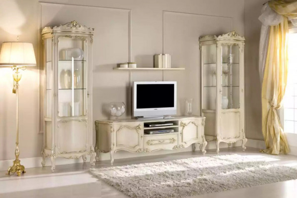 Living room wall unit set group, lowboard, display cabinet, 4-piece wooden furniture shelf.
