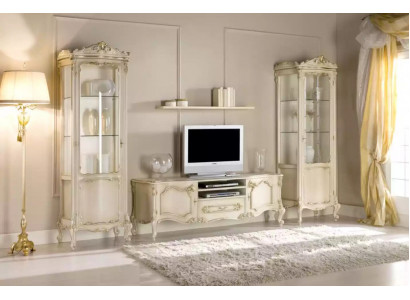 Living room wall unit set group, lowboard, display cabinet, 4-piece wooden furniture shelf.