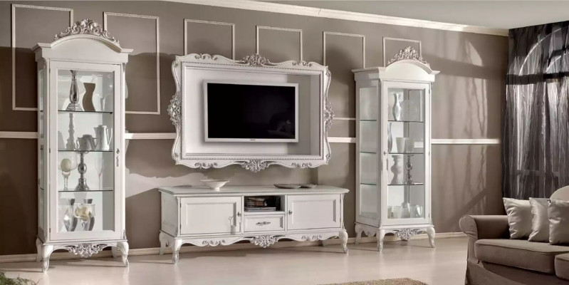 Living room wall unit Lowboard 2x Display Cabinet TV Frame 4-piece Set Classic Style White
