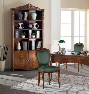 Classic brown office furniture made of wood: table, chairs, bookshelf