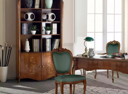 Classic brown office furniture made of wood: table, chairs, bookshelf
