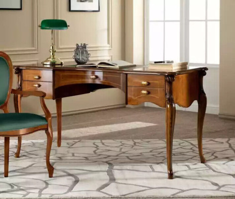 Classic brown office furniture made of wood: table, chairs, bookshelf
