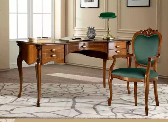 Classic brown office furniture made of wood: table, chairs, bookshelf