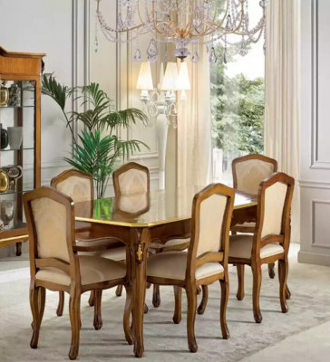 Dining table set: Table + 6x chairs, dining room set, table wood, textile