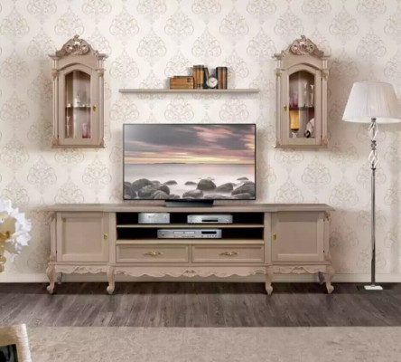 Living Room Wall Unit Modern Lowboard Brown Shelves Wood 2x Wall Cabinet New